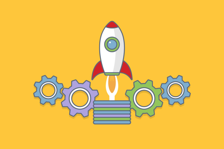 An illustrated rocket launching from a stack of layered discs, surrounded by interlocking gears