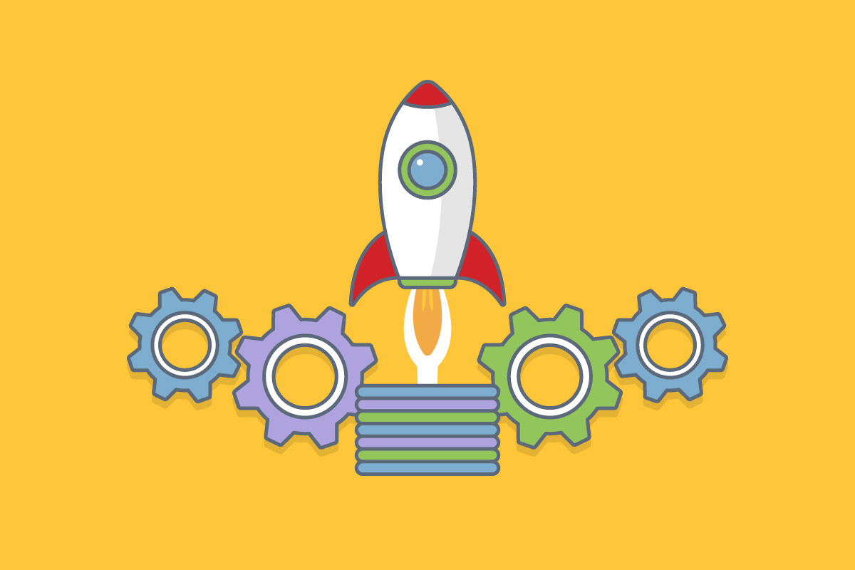 An illustrated rocket launching from a stack of layered discs, surrounded by interlocking gears