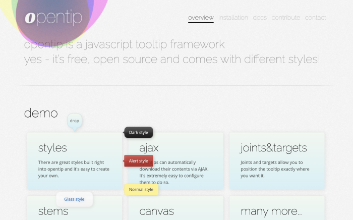 The Opentip JavaScript tooltip framework homepage, showing example tooltip styles including dark and glass variants.