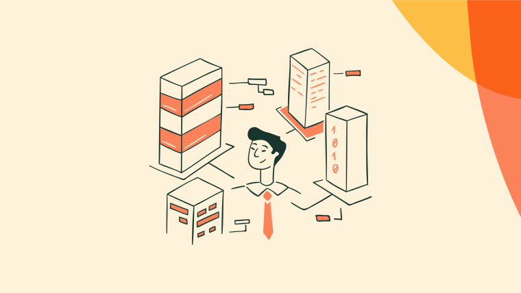 An illustration of a businessperson surrounded by isometric data structures and buildings, one marked with binary digits.