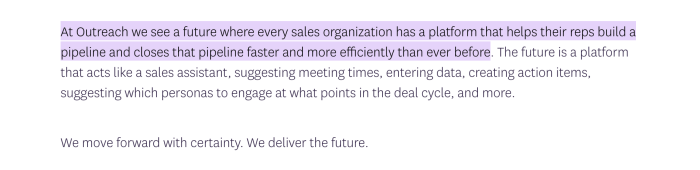 An excerpt from Outreach's vision statement, with the sentence about helping sales reps build and close pipeline faster highlighted in purple.
