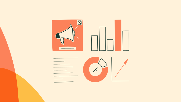 An illustrated collection of PLG metric icons: an announcement card with a megaphone, a bar chart, a document, a donut chart, and a trend line.