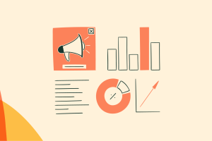 An illustrated collection of PLG metric icons: an announcement card with a megaphone, a bar chart, a document, a donut chart, and a trend line.