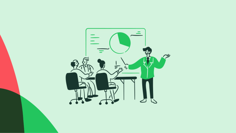 An illustration of a person presenting data metrics to a small group seated at a conference table, with a pie chart displayed on a screen behind them.