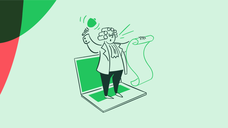 An illustration of a person emerging from a laptop screen, holding up a bell and unrolling a long scroll