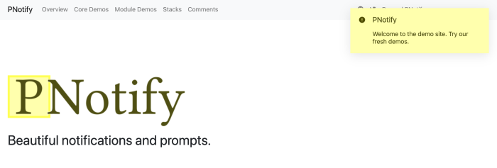 The PNotify library's demo site with a yellow notification popup in the top right, containing an info icon, a title, and a short body message.