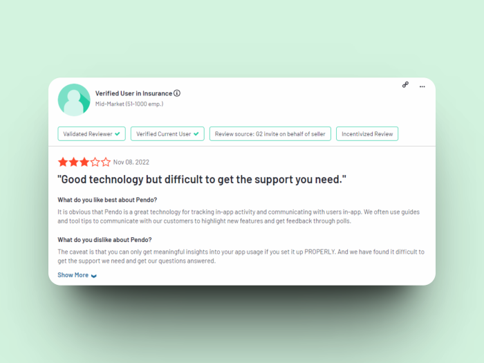 A 3-star G2 review of Pendo titled 