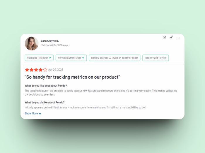 A 4-star G2 review of Pendo by a mid-market user, titled 'So handy for tracking metrics on our product,' noting ease of feature tagging but difficulty learning the tool.