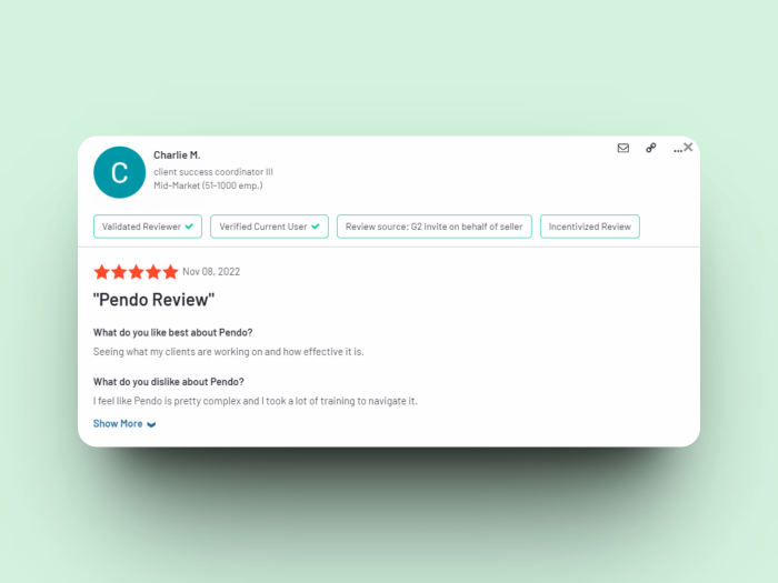 A G2 review of Pendo by a mid-market client success coordinator, giving five stars and noting complexity as a drawback.