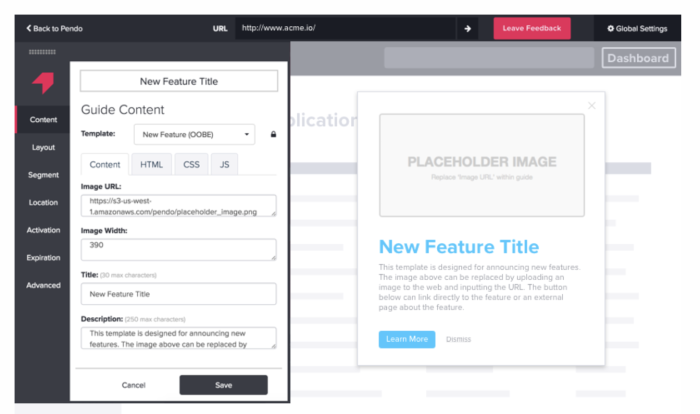 A screenshot of the user experience builder in the digital adoption software Pendo