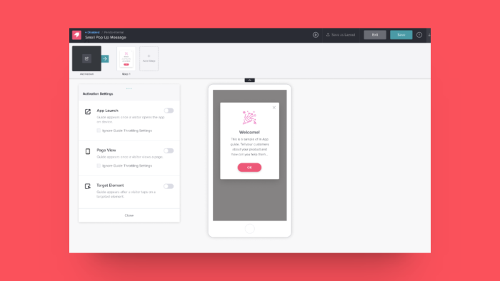 The Pendo mobile guide builder showing activation settings (App Launch, Page View, Target Element) on the left and a phone mockup previewing a welcome popup on the right.