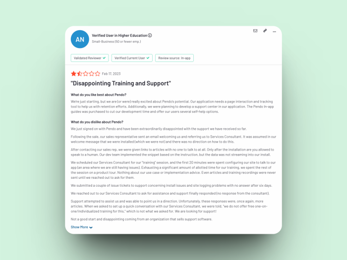 A 2-star customer review of Pendo titled 'Disappointing Training and Support' from a verified user in higher education, criticizing poor onboarding and unresponsive support.