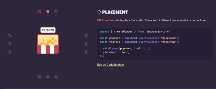 The Popper.js placement demo showing a tooltip anchored above a popcorn illustration with 12 selectable position dots around it, alongside a createPopper code example.