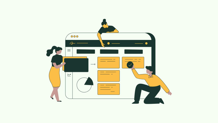 An illustration of three people collaborating around a browser window showing a product roadmap board with cards arranged in columns.