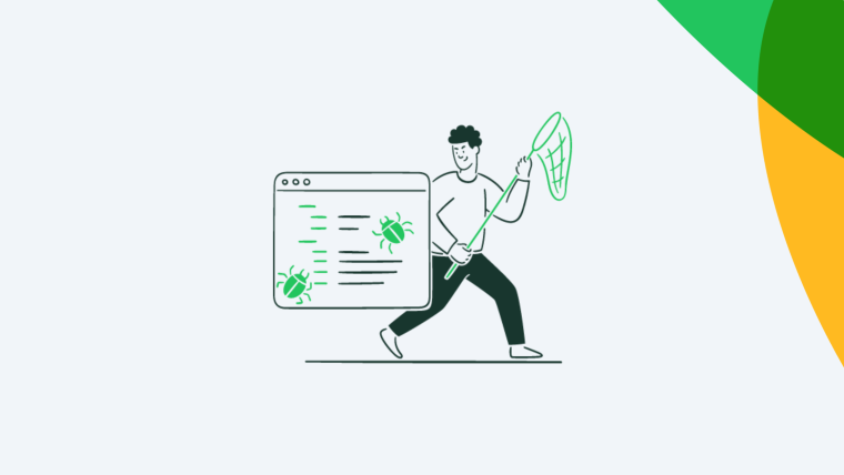 An illustration of a person catching bugs with a net from a browser window