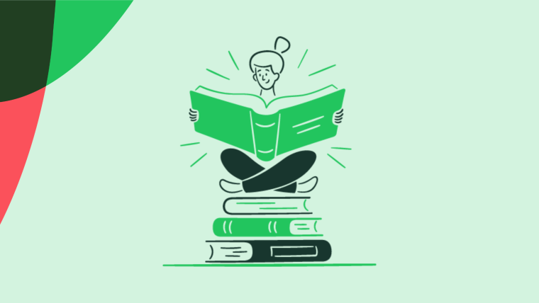 An illustration of a person seated cross-legged on a stack of books, reading a large open book with radiating lines.