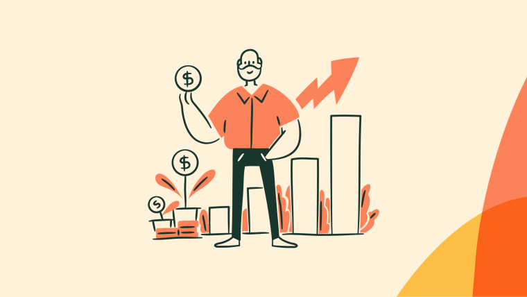 An illustrated figure holding a coin in front of a growing bar chart and upward arrow, with dollar-sign plants nearby.