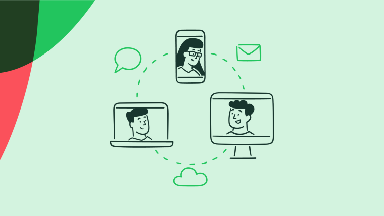 An illustration of three users connected across phone, laptop, and desktop devices, linked by chat, email, and cloud icons