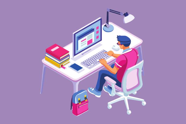 An isometric illustration of a person working at a computer desk, with stacked books and a backpack nearby