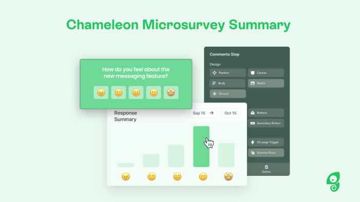 The Chameleon Microsurvey Builder alongside a product feedback microsurvey with an emoji rating scale and a response summary bar chart.