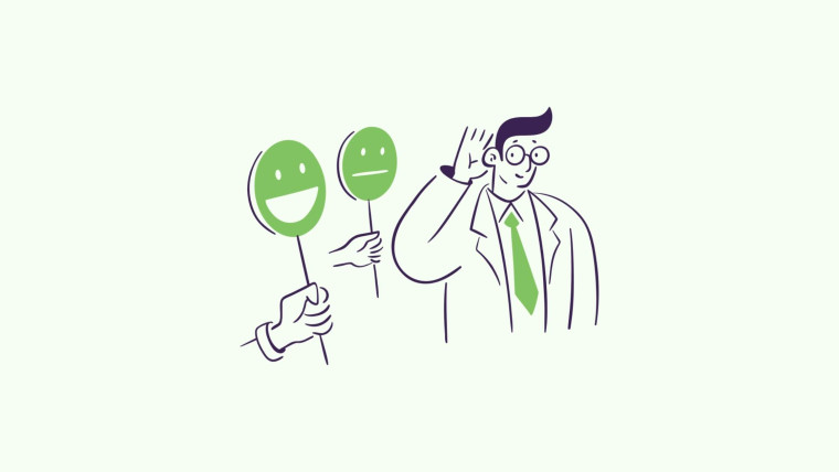 An illustrated figure in a suit listening with a hand cupped to their ear, holding two face-expression balloons — one smiling, one neutral