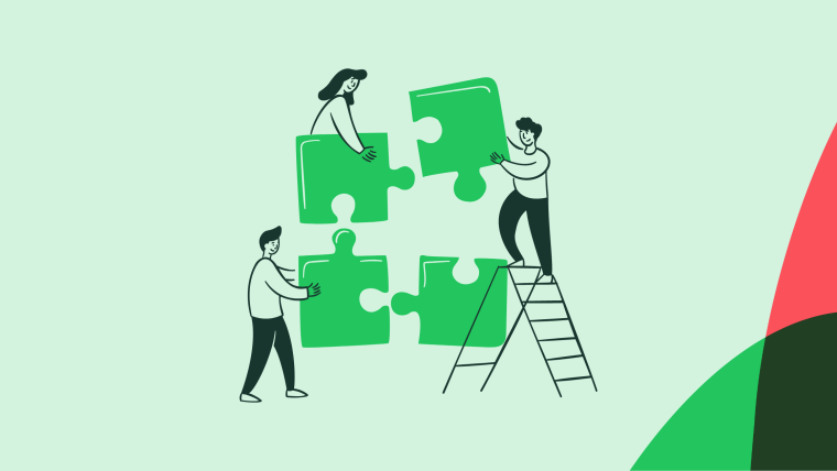 An illustration of three people assembling oversized green puzzle pieces together.