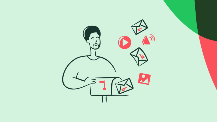 An illustration of a person holding a mailbox surrounded by floating icons for email, video, audio, and image messaging formats.