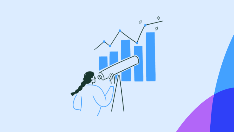 An illustration of a person looking through a telescope at an upward-trending bar and line chart.