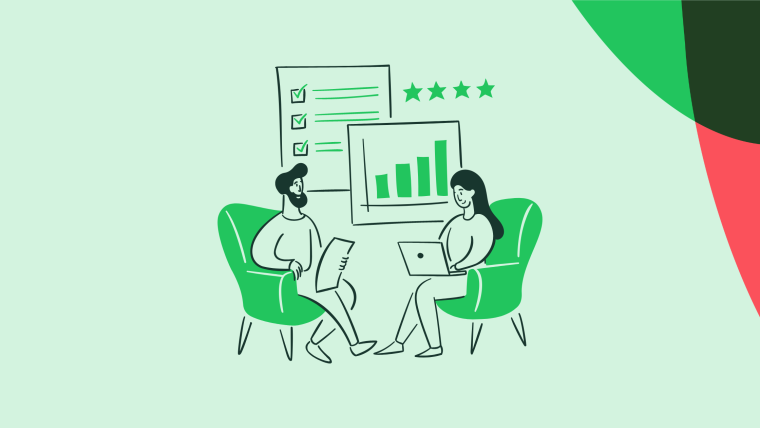 An illustration of two people seated and collaborating, with a checklist, star ratings, and a bar chart in the background.