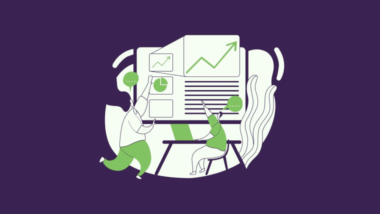 An illustration of two people collaborating around a large screen displaying charts and data.