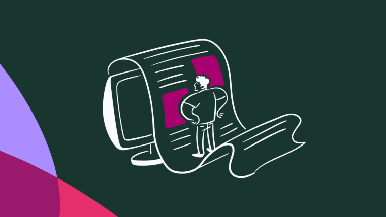 An illustration of a person standing before a large unrolled scroll with text lines and highlighted sections.