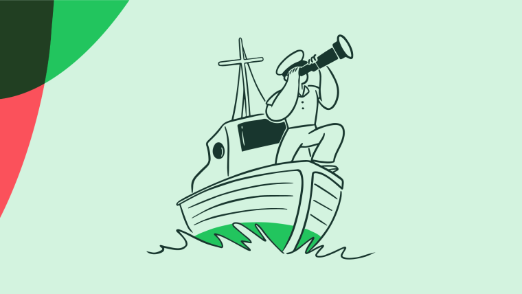 An illustration of a sailor on a small boat looking through a telescope, on a mint green background.