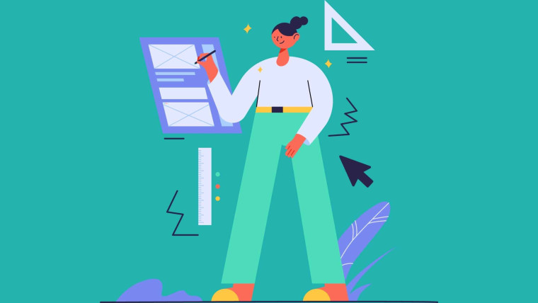An illustration of a person annotating a wireframe layout, surrounded by design tools including a ruler, cursor, and geometric shapes.