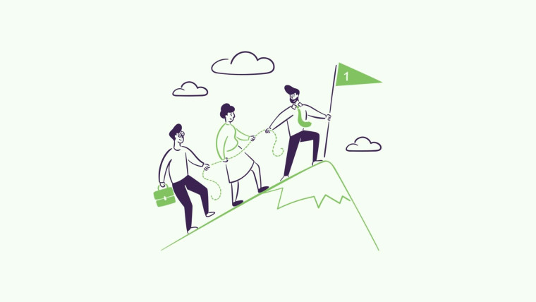 An illustration of three people roped together climbing a mountain toward a summit flag