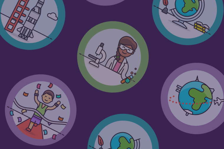 Circular medallions featuring a scientist at a microscope, a rocket, globes, and a celebrating figure, arranged on a purple background.