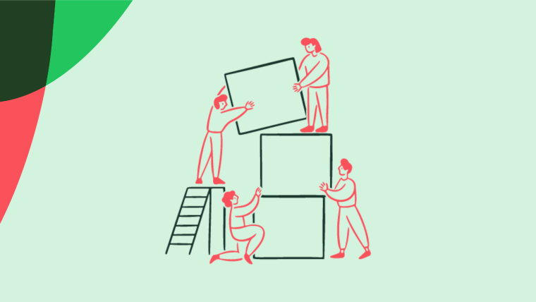 An illustration of four people collaboratively assembling a three-tiered stack of rectangular blocks, one using a ladder.