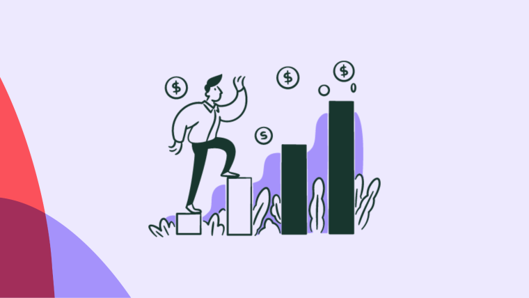 An illustration of a figure climbing ascending bar chart steps with dollar-sign coins floating upward.
