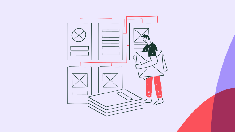 An illustration of a person carrying wireframe UI mockups, with several layout frames highlighted by red corner brackets.