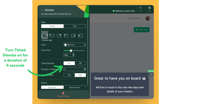 The Chameleon builder's Dismiss settings panel with Timed Dismiss toggled on and a 4-second duration configured.
