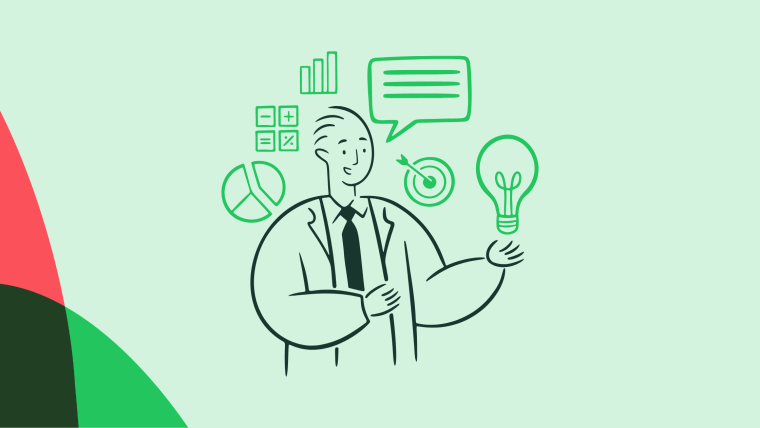 An illustration of a professional surrounded by analytics and product insights icons.