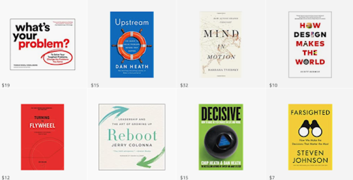 A grid of eight book covers with prices, covering topics including problem-solving, leadership, and design.