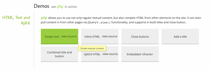 The qTip2 library's demo page with a yellow tooltip triggered from the highlighted 'Simple text' tile, alongside a grid of other feature examples.