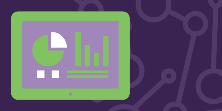 An illustrated tablet displaying pie and bar charts against a purple background with a connected-node network graphic.