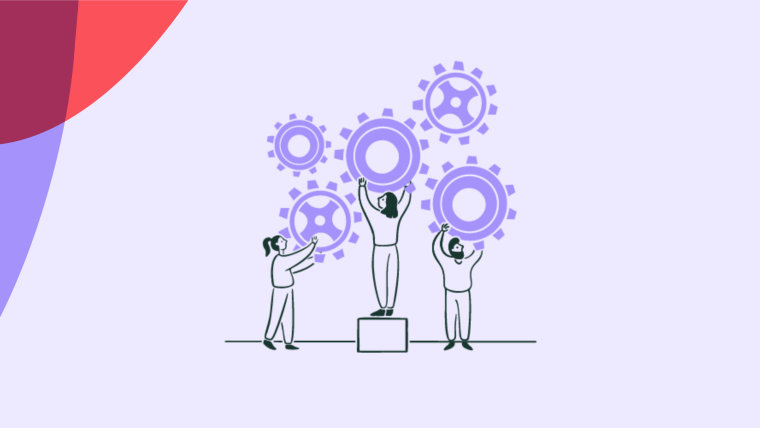 An illustration of three people collaborating to hold up large purple gear icons.