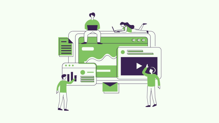 An illustration of people collaborating on digital marketing content, including charts, video, documents, and web interfaces.