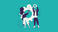 An illustration of two people working with gears and a large lightbulb.