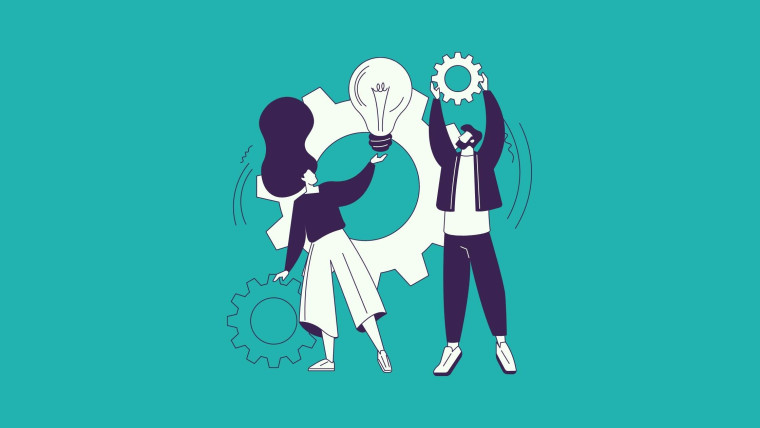 An illustration of two people working with gears and a large lightbulb.