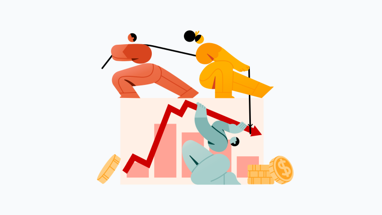 An illustration of three stylized figures around a bar chart with a falling red trend line and gold coins scattered below.