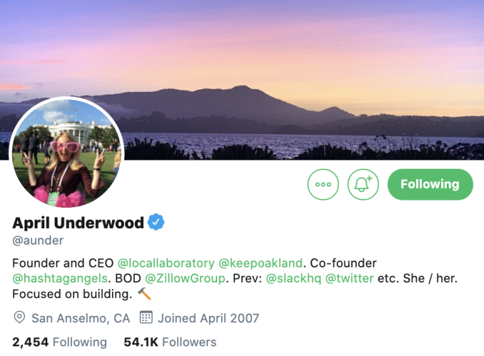 April Underwood's Twitter profile, listing her as Founder and CEO at @locallaboratory and co-founder at @hashtagangels, with 54.1K followers