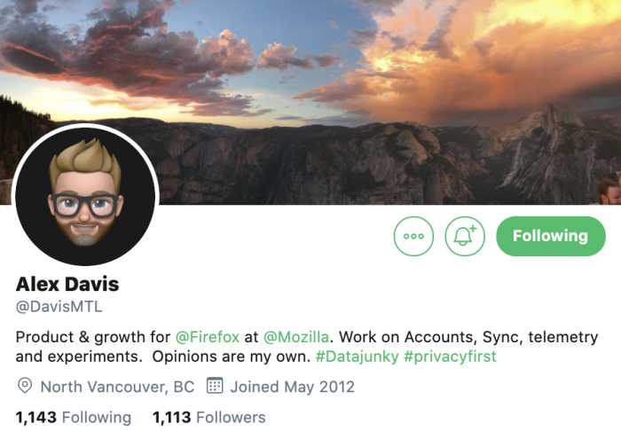 Alex Davis's Twitter profile (@DavisMTL), showing their role working on product and growth for Firefox at Mozilla